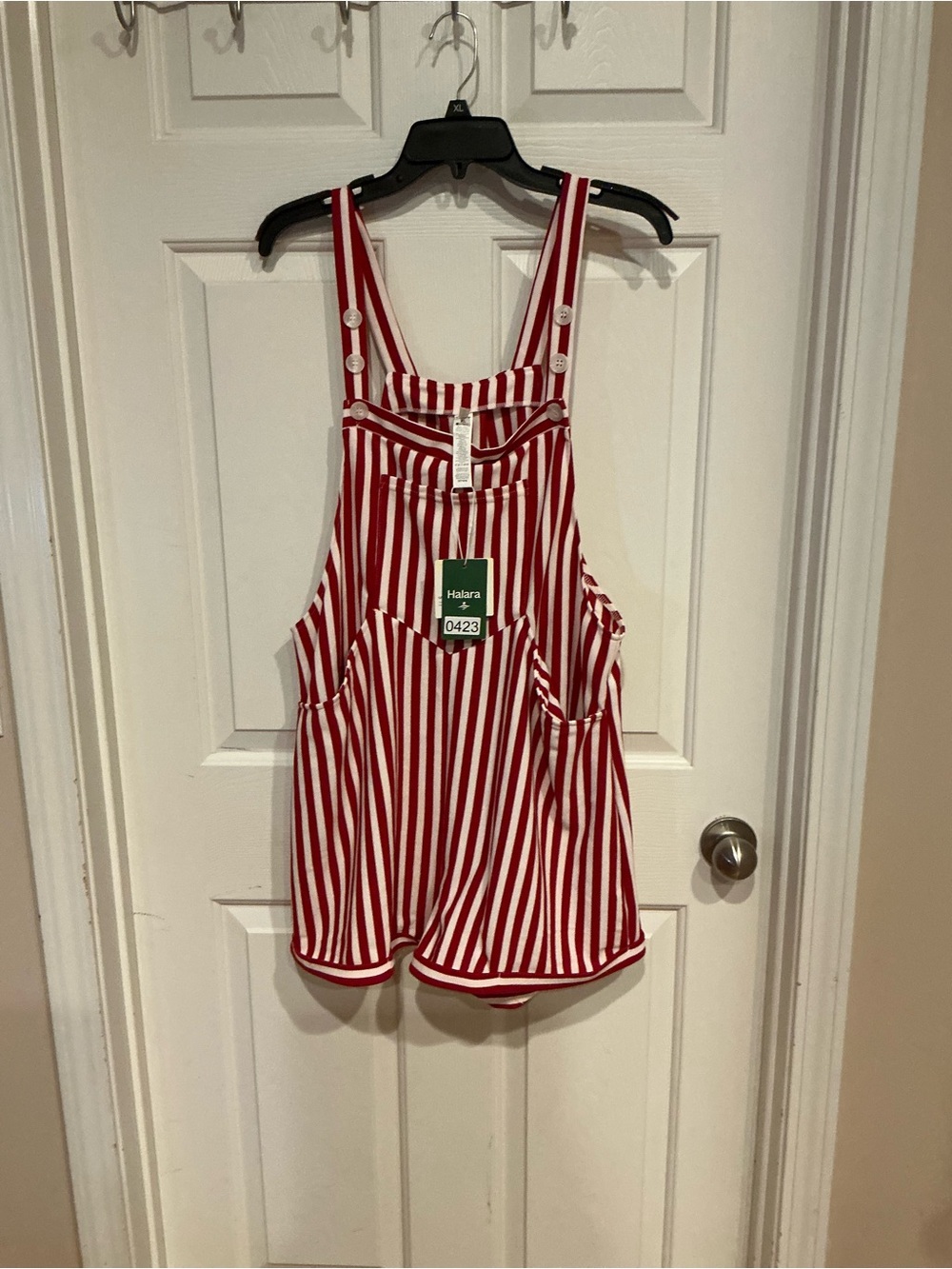 HALARA Red & White Striped Jean-Style Short Overalls